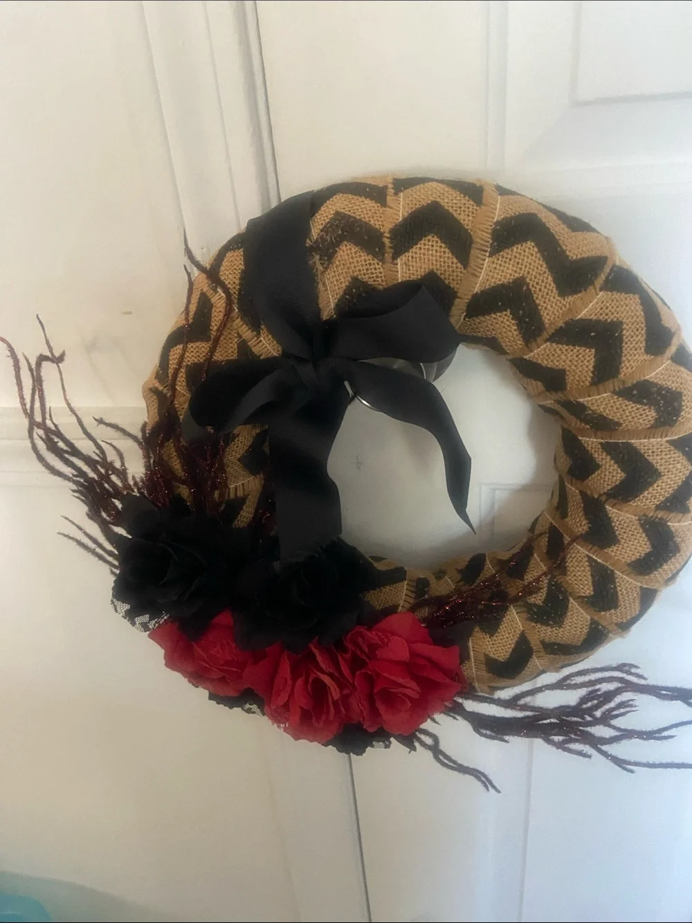 Handcrafted Red & Black Floral Headband with Chevron Burlap